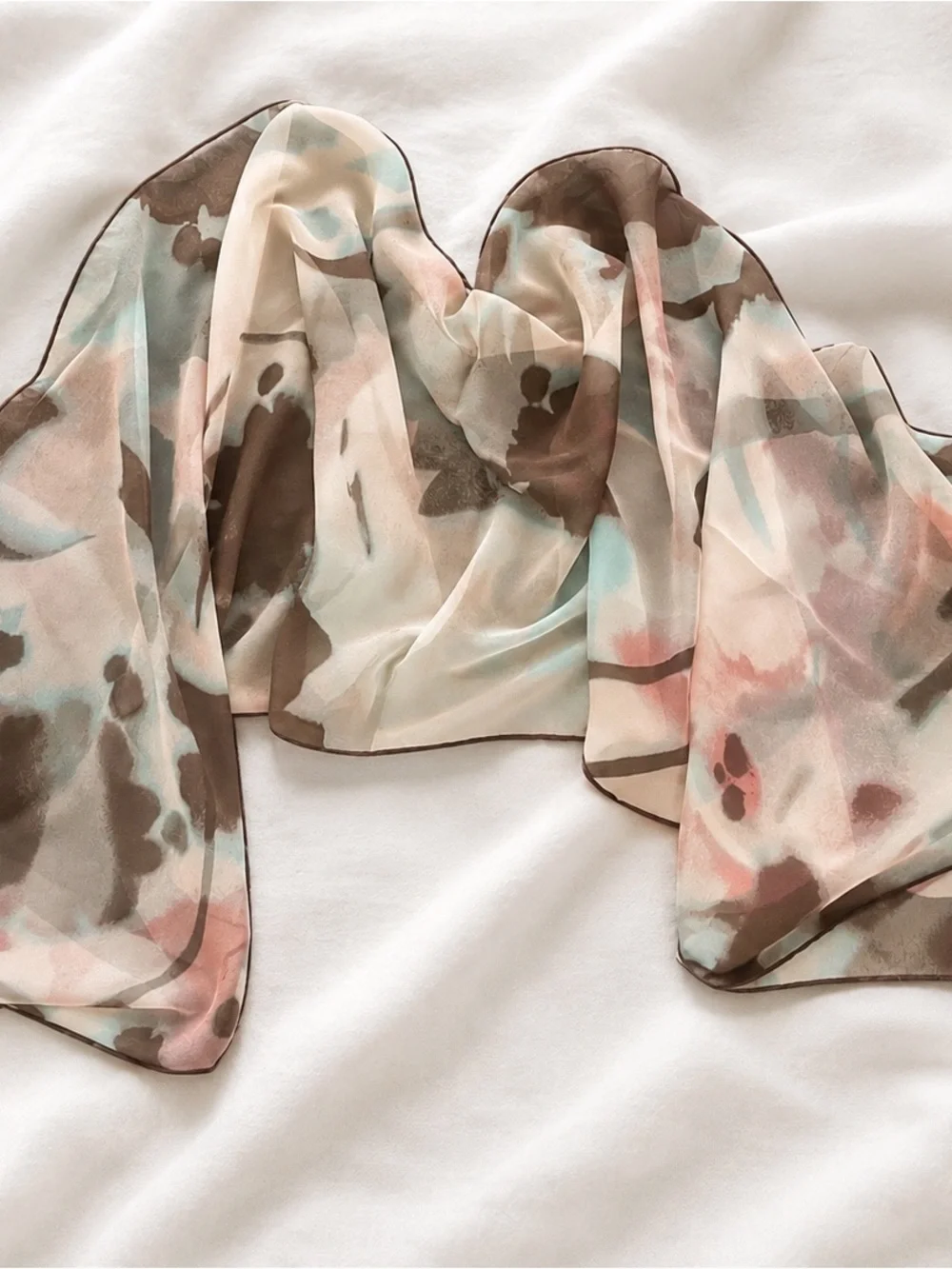 Nina Ricci Italy 100% Silk Abstract Floral Scarf Taupe Blush Blue 22x70